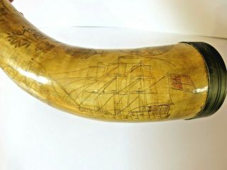 LARGE ANTIQUE COW POWDER HORN SCRIMSHAW FLASK FOLK ART LOVE TOKEN EARLY TRAIN 3