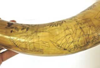 LARGE ANTIQUE COW POWDER HORN SCRIMSHAW FLASK FOLK ART LOVE TOKEN EARLY TRAIN 4