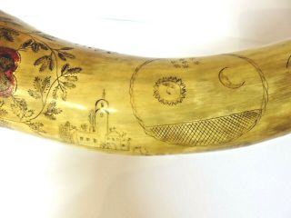 LARGE ANTIQUE COW POWDER HORN SCRIMSHAW FLASK FOLK ART LOVE TOKEN EARLY TRAIN 7