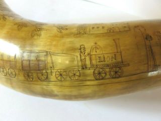 LARGE ANTIQUE COW POWDER HORN SCRIMSHAW FLASK FOLK ART LOVE TOKEN EARLY TRAIN 9