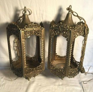 Pair Vintage Ornate Gim 3054 Brass Gothic Hanging Swag Ceiling Lamp Light