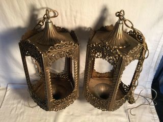 Pair Vintage ORNATE GIM 3054 BRASS GOTHIC HANGING Swag CEILING Lamp Light 3