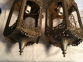 Pair Vintage ORNATE GIM 3054 BRASS GOTHIC HANGING Swag CEILING Lamp Light 7