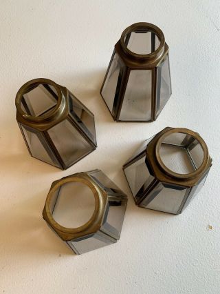 Vintage Smoked Glass Hexagon Beveled Light Shades Mid Century Modern Brass 10