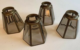 Vintage Smoked Glass Hexagon Beveled Light Shades Mid Century Modern Brass