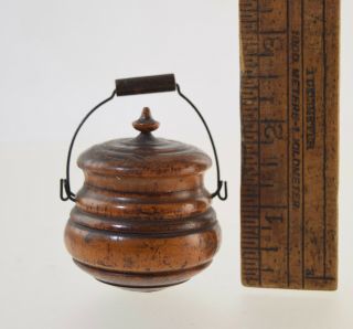 Rare Antique Peaseware Miniature Treen Turned Wood Container Jar W/bail Handle