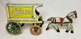 VINTAGE RARE 1920 ' S J.  CHEIN & CO FINE GROCERIES HORSE & DELIVERY WAGON TIN TOY 2