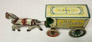 VINTAGE RARE 1920 ' S J.  CHEIN & CO FINE GROCERIES HORSE & DELIVERY WAGON TIN TOY 3