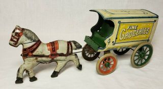 VINTAGE RARE 1920 ' S J.  CHEIN & CO FINE GROCERIES HORSE & DELIVERY WAGON TIN TOY 4