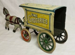 VINTAGE RARE 1920 ' S J.  CHEIN & CO FINE GROCERIES HORSE & DELIVERY WAGON TIN TOY 5