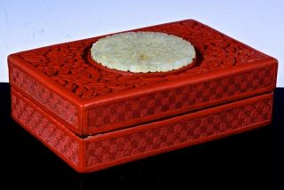 FINE c1900 CHINESE CINNABAR LACQUER & JADE PENDANT PLAQUE DESK TABLE SEAL BOX 4