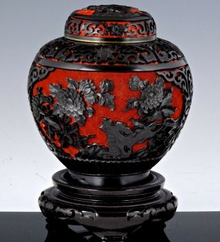 Chinese Black & Red Cinnabar Lacquer Lotus Landscape Lidded Tea Caddy Jar Vase