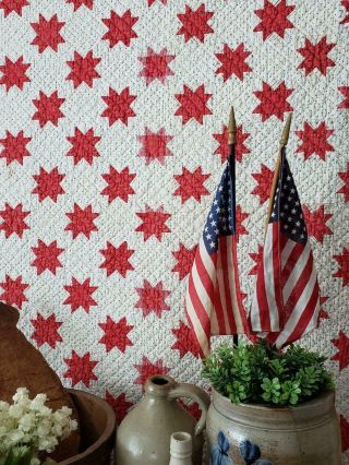 3 " Stars Patriotic & Stunning Small Scale Antique Red & White Star Quilt C1880s