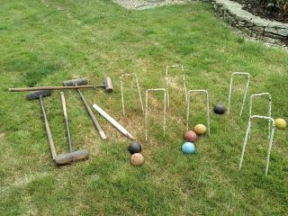 Antique Croquet Set 4x Heavy Wood Mallets 7x Wrought Iron Hoops Vintage 7x Balls