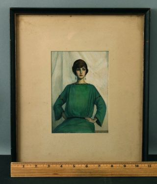 Antique Mm Kingsbury 1922 Art Deco Flapper Girl Portrait Watercolor Painting