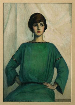 Antique MM KINGSBURY 1922 Art Deco Flapper Girl Portrait Watercolor Painting 3