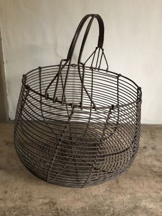 RARE HUGE Early Antique Handmade Metal Wire Footed Egg Basket Patina AAFA 11