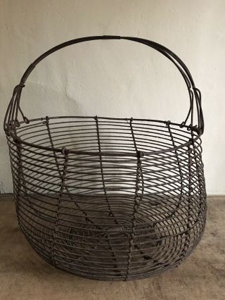 RARE HUGE Early Antique Handmade Metal Wire Footed Egg Basket Patina AAFA 12