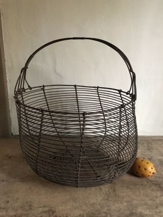 Rare Huge Early Antique Handmade Metal Wire Footed Egg Basket Patina Aafa