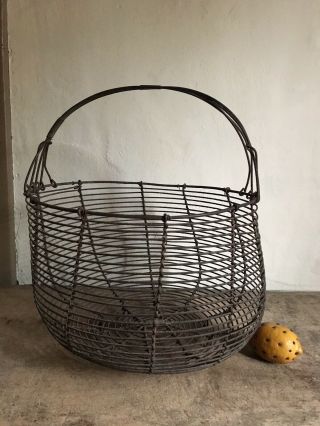 RARE HUGE Early Antique Handmade Metal Wire Footed Egg Basket Patina AAFA 2