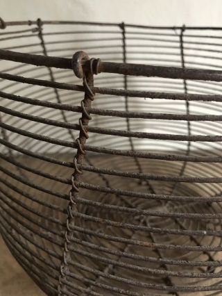 RARE HUGE Early Antique Handmade Metal Wire Footed Egg Basket Patina AAFA 5