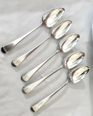 5 Antique London England Sterling Silver Serving / Soup Spoons 1794