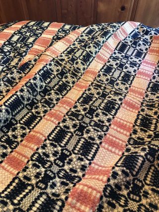 VINTAGE - Antique 1800 ' S COVERLET - HANDMADE - Blue Pink Woven Bedspread 4