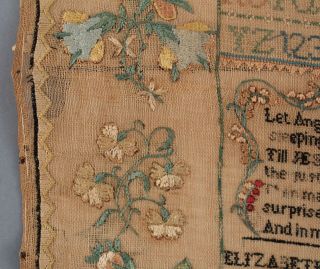 19thC Antique 1838 American Folk Art Silk Sampler,  Flowers,  Butterflies,  Rabbit 10