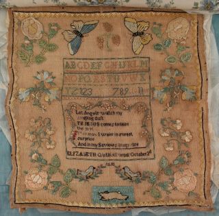 19thC Antique 1838 American Folk Art Silk Sampler,  Flowers,  Butterflies,  Rabbit 2