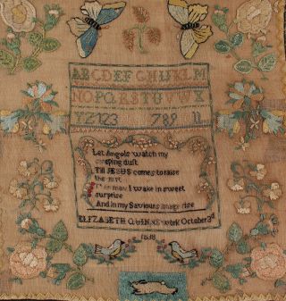 19thC Antique 1838 American Folk Art Silk Sampler,  Flowers,  Butterflies,  Rabbit 3