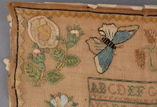 19thC Antique 1838 American Folk Art Silk Sampler,  Flowers,  Butterflies,  Rabbit 4