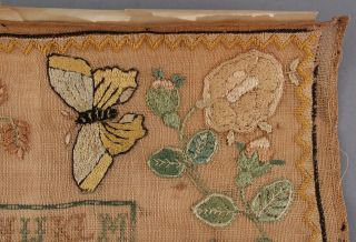 19thC Antique 1838 American Folk Art Silk Sampler,  Flowers,  Butterflies,  Rabbit 5