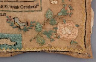19thC Antique 1838 American Folk Art Silk Sampler,  Flowers,  Butterflies,  Rabbit 7