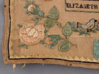 19thC Antique 1838 American Folk Art Silk Sampler,  Flowers,  Butterflies,  Rabbit 9
