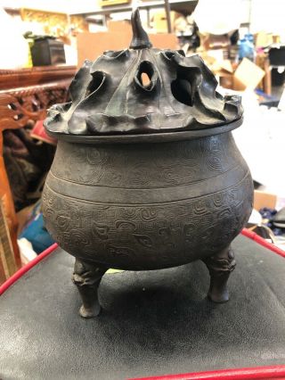 Fine Chinese Bronze Censer; Carved Wood Top Beast Feet 19th C.