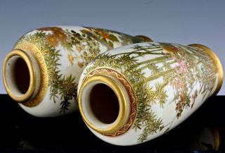 FINE PAIR c1920 JAPANESE SATSUMA GOLD GILT ENAMEL BIRD LANDSCAPE VASES SIGNED 9