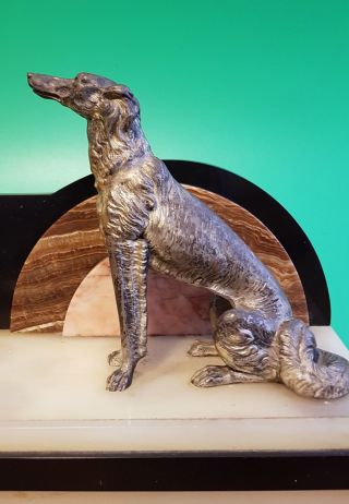 LARGE ART DECO 1920th BRONZE lady figurine / dog BORZOI marble statue 3