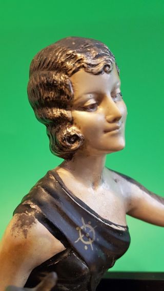 LARGE ART DECO 1920th BRONZE lady figurine / dog BORZOI marble statue 4