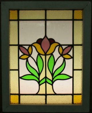 MIDSIZE OLD ENGLISH LEADED STAINED GLASS WINDOW Bordered Floral 20.  5 