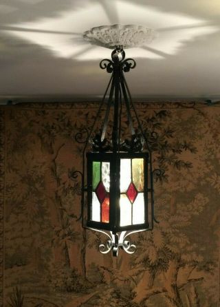 ANTIQUE FRENCH WROUGHT IRON STAINED GLASS PANELS LANTERN CEILING FIXTURE 12
