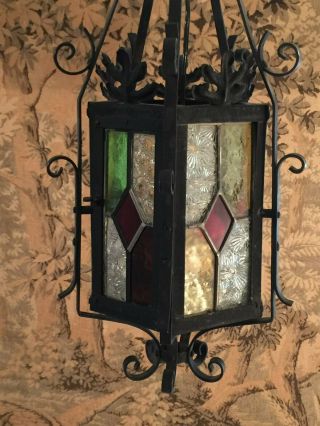 Antique French Wrought Iron Stained Glass Panels Lantern Ceiling Fixture