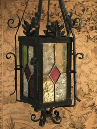 ANTIQUE FRENCH WROUGHT IRON STAINED GLASS PANELS LANTERN CEILING FIXTURE 2