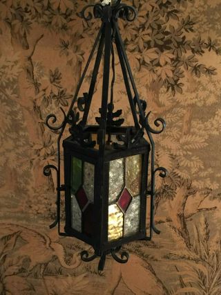 ANTIQUE FRENCH WROUGHT IRON STAINED GLASS PANELS LANTERN CEILING FIXTURE 3
