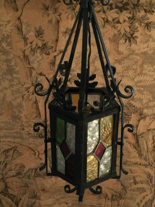 ANTIQUE FRENCH WROUGHT IRON STAINED GLASS PANELS LANTERN CEILING FIXTURE 4