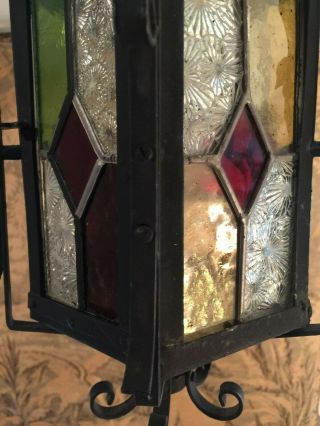 ANTIQUE FRENCH WROUGHT IRON STAINED GLASS PANELS LANTERN CEILING FIXTURE 5