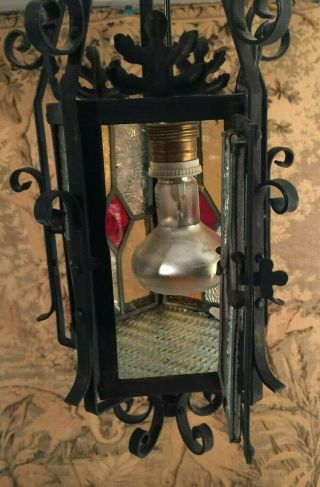 ANTIQUE FRENCH WROUGHT IRON STAINED GLASS PANELS LANTERN CEILING FIXTURE 7