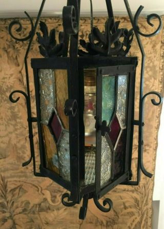 ANTIQUE FRENCH WROUGHT IRON STAINED GLASS PANELS LANTERN CEILING FIXTURE 8