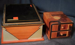 2 Vintage Modern Art Deco Box Chest Drawers Inlaid Polychrome Paint JAPAN Frankl 6