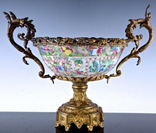 LARGE 18THC CHINESE QIANLONG FAMILLE RSOE GOLD GILT BRONZE MOUNTED PUNCH BOWL 3