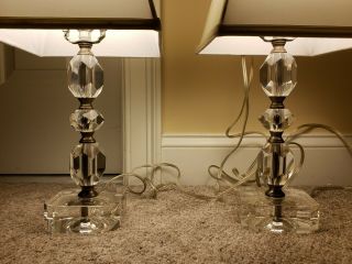 Vintage Matching Pair Heavy Glass Crystal Modernist Table Lamps With Silk Shades